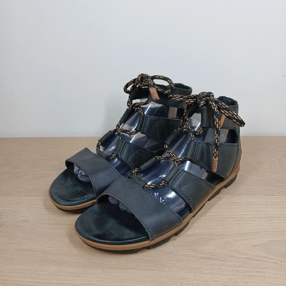 Sorel Sandals Womens 11 Black Leather Lace Up Gladiator Outdoor Utility Gorpcore